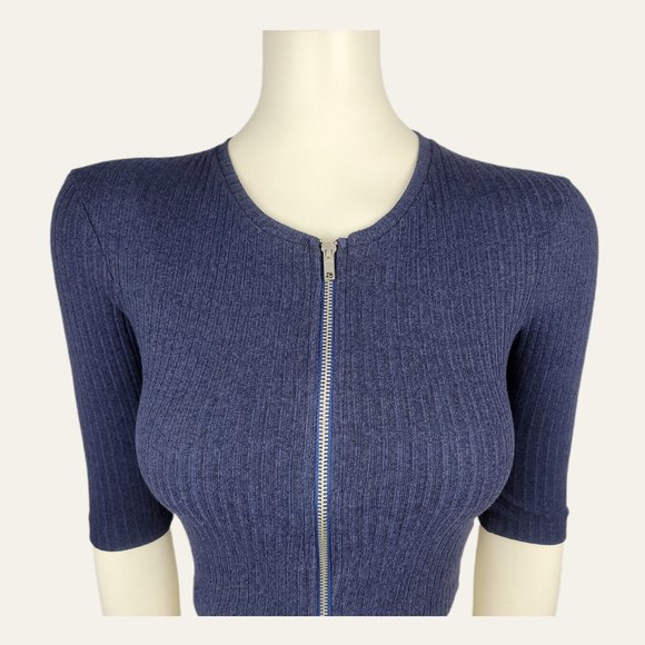 ASOS Zip-Front Crop Top Ribbed Short Sleeve Zip-Up Shirt Blouse Navy Blue US2 - Picture 4 of 8